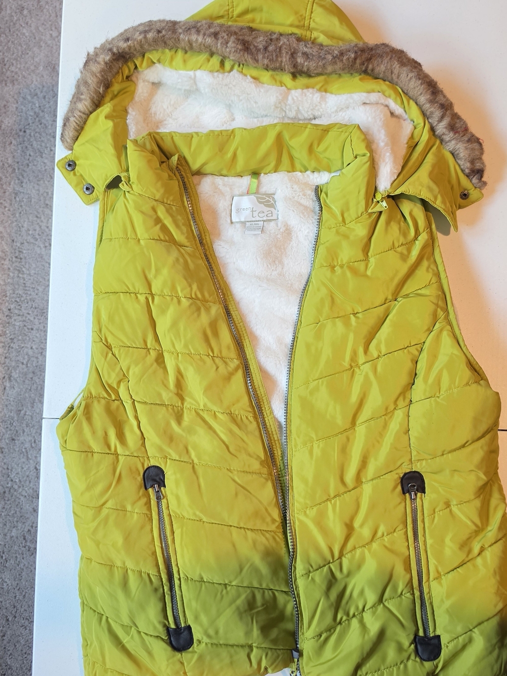 Tea Collection Lime Green Puffer Vest with Faux Fur Hood